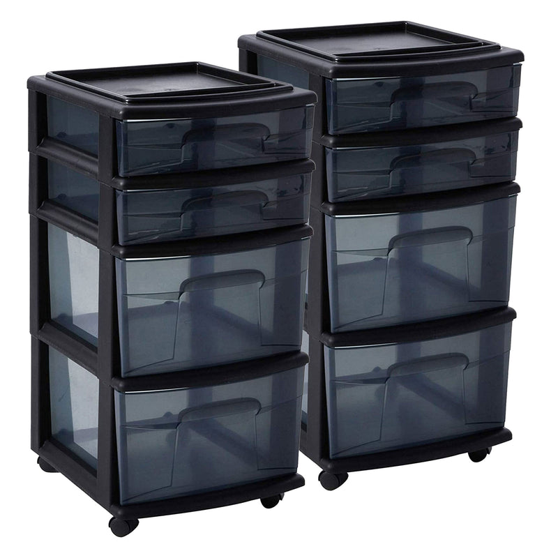 Homz Tall Solid Plastic 4 Drawer Medium Storage Cart with Wheels, Black (2 Pack)