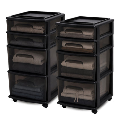 Homz Tall Solid Plastic 4 Drawer Medium Storage Cart with Wheels, Black (2 Pack)