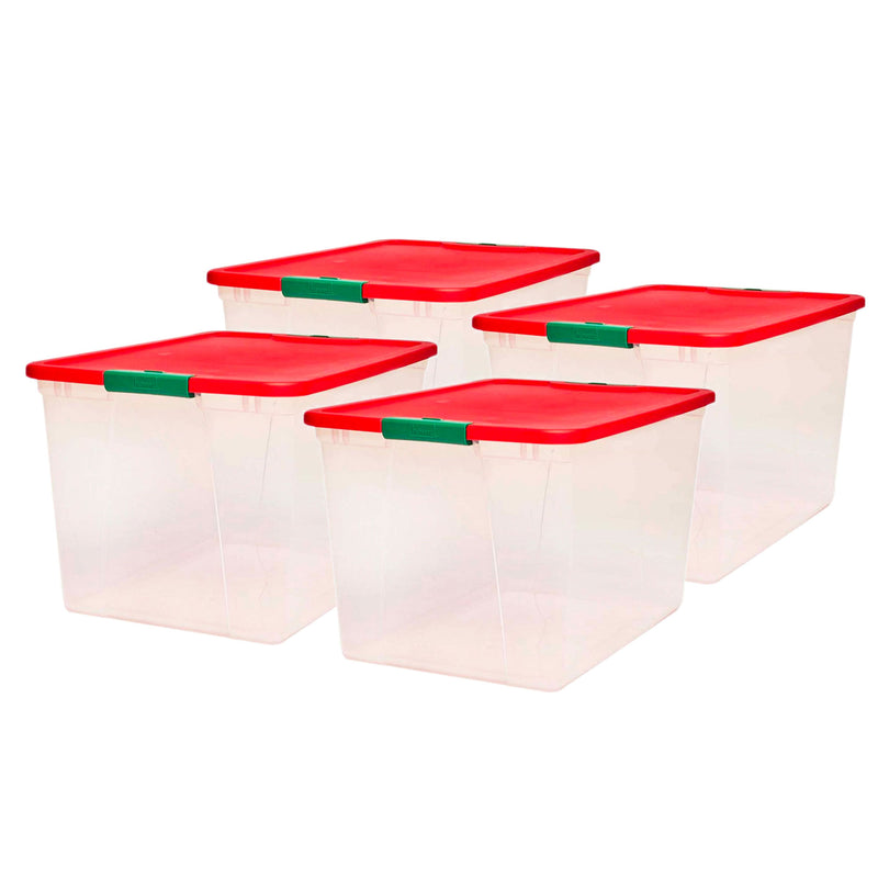 Homz 64 Qt Secure Latch Clear Plastic Storage Container Bin w/ Red Lid, 4 Pack
