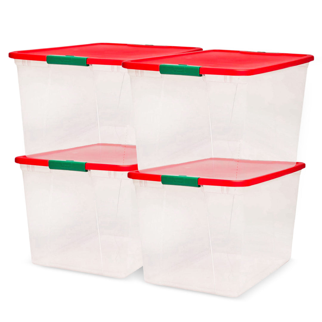 Homz 64 Qt Secure Latch Clear Plastic Storage Container Bin w/ Red Lid, 4 Pack