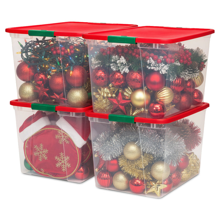 Homz 64 Qt Secure Latch Clear Plastic Storage Container Bin w/ Red Lid, 4 Pack - VMInnovations