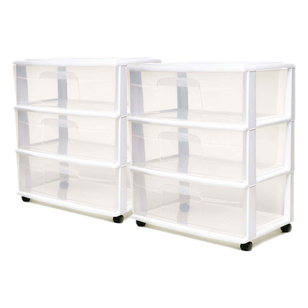 Homz Plastic 3 Clear Drawer Small Rolling Storage Container Tower, White, 2 Pack