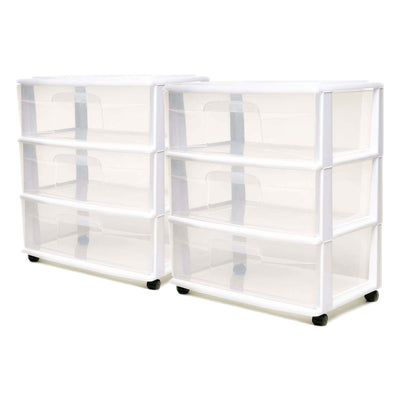 Homz Plastic 3 Clear Drawer Small Rolling Storage Container Tower, White, 2 Pack