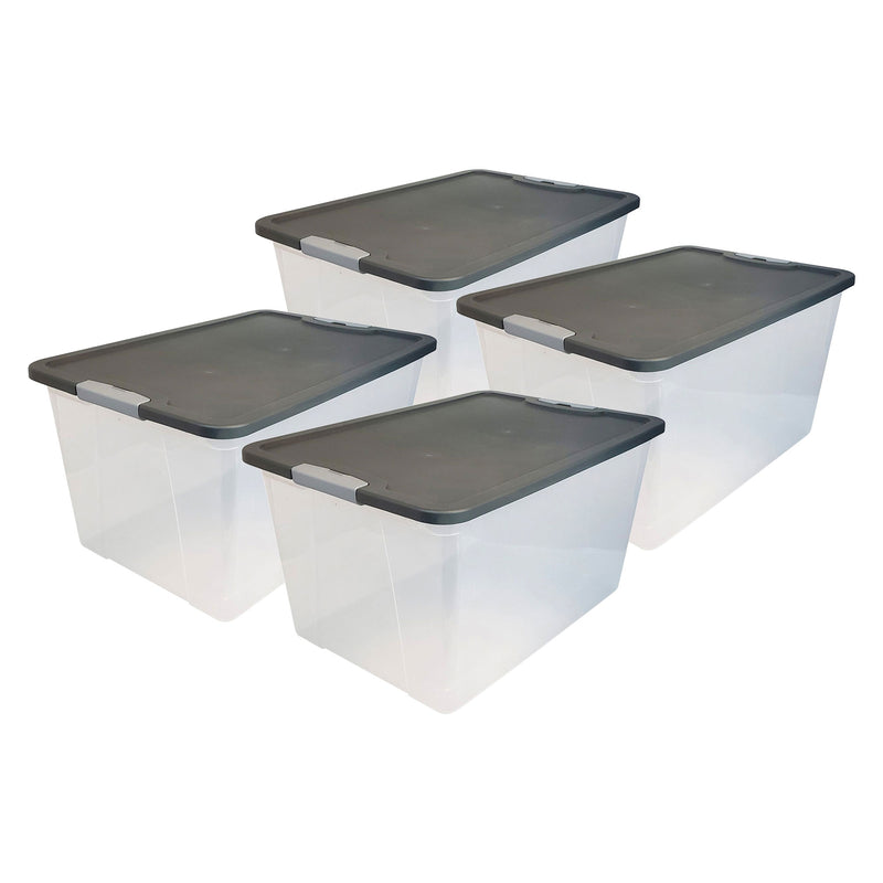 Homz 64 Qt Secure Latching Large Clear Plastic Storage Bin w/ Gray Lid (4 Pack)