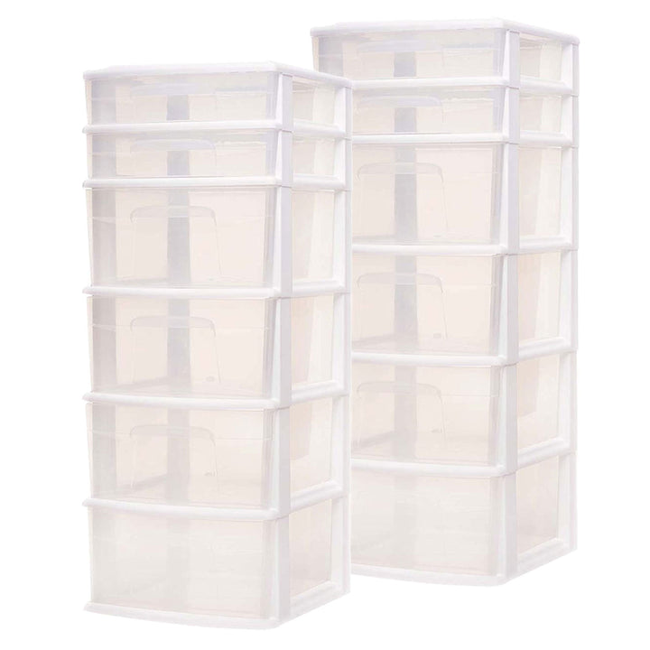 Homz Plastic 6 Clear Drawer Medium Home Storage Container Tower, White (2 Pack)