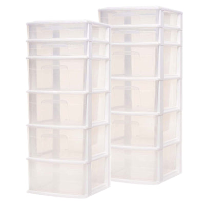 Homz Plastic 6 Clear Drawer Medium Home Storage Container Tower, White (2 Pack)