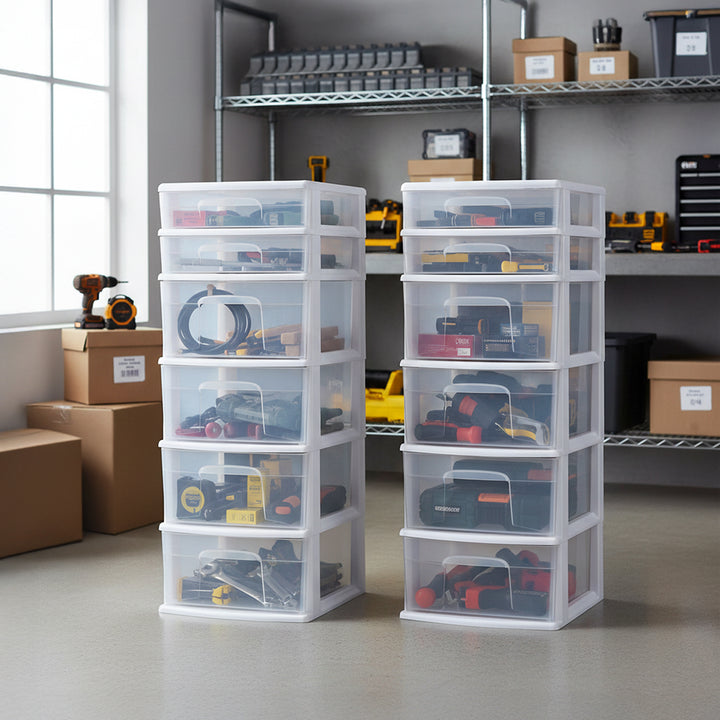 Homz Plastic 6 Clear Drawer Medium Home Storage Container Tower, White (2 Pack)