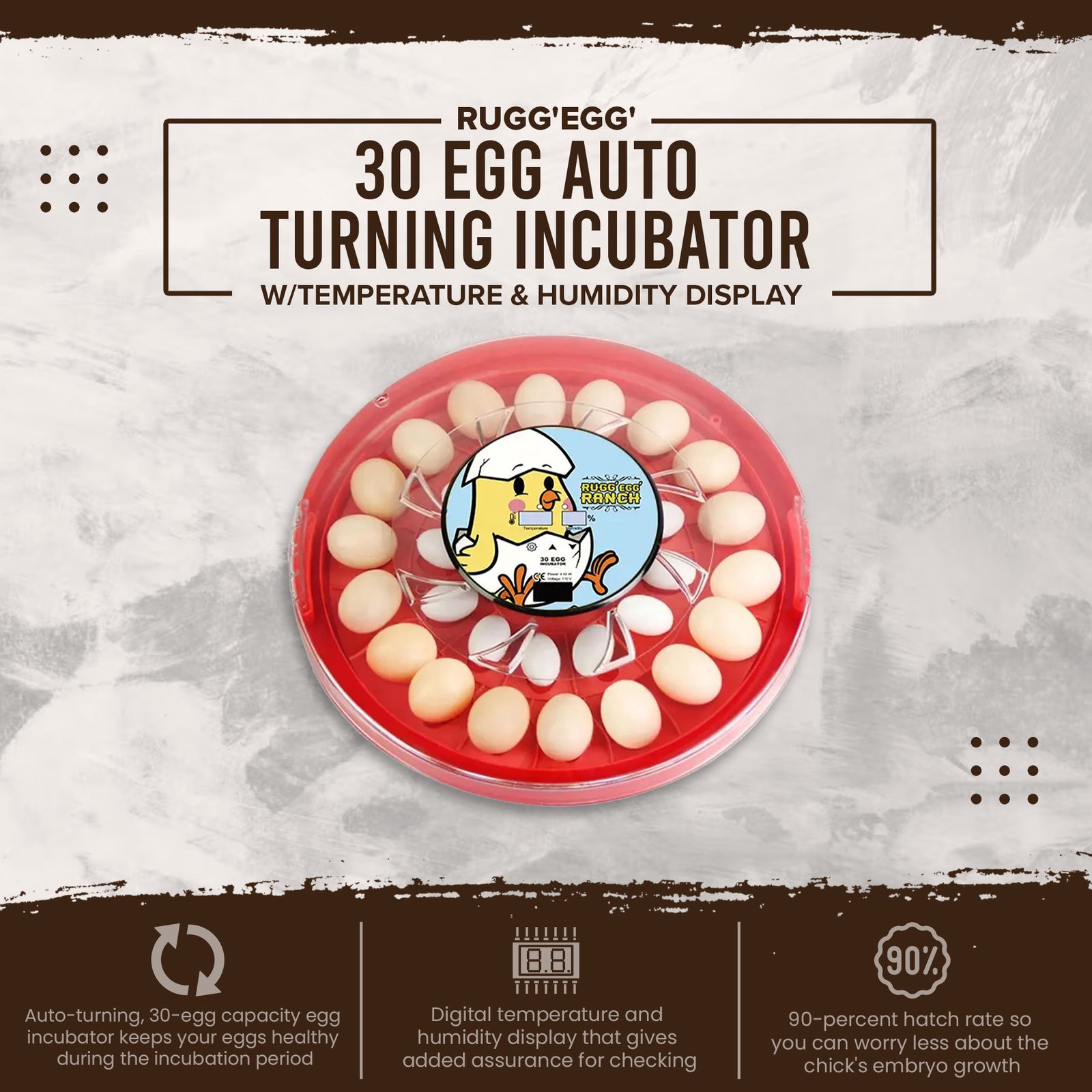 Rugg'EGG' Ranch 30 Egg Auto Turning Incubator w/Temperature & Humidity Display - VMInnovations