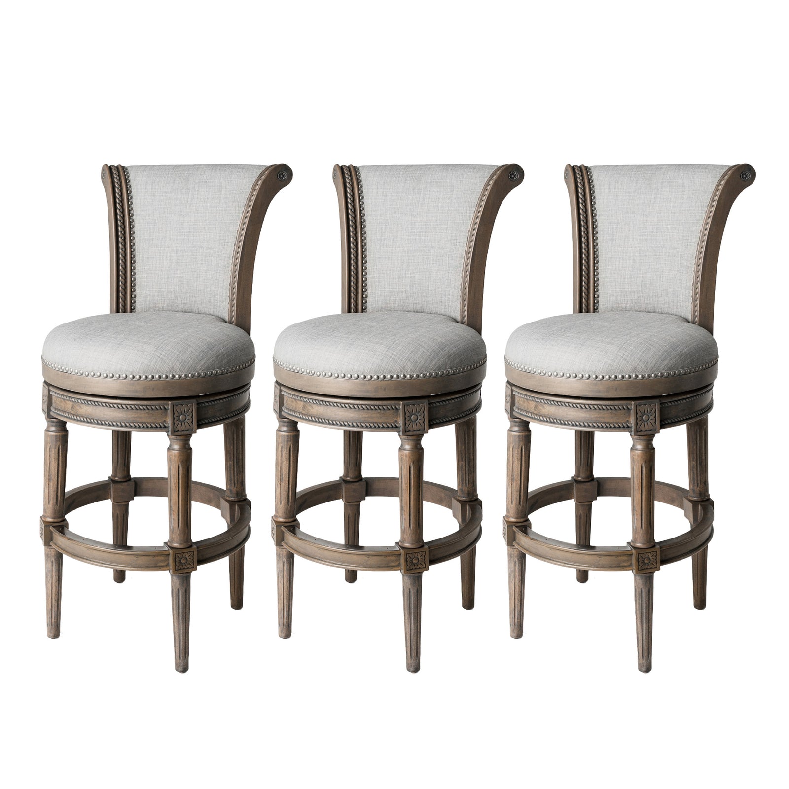 Maven Lane Pullman Bar Stool, Reclaimed Oak Finish w/ Ash Grey Fabric Upholstery, Set of 3 - VMInnovations