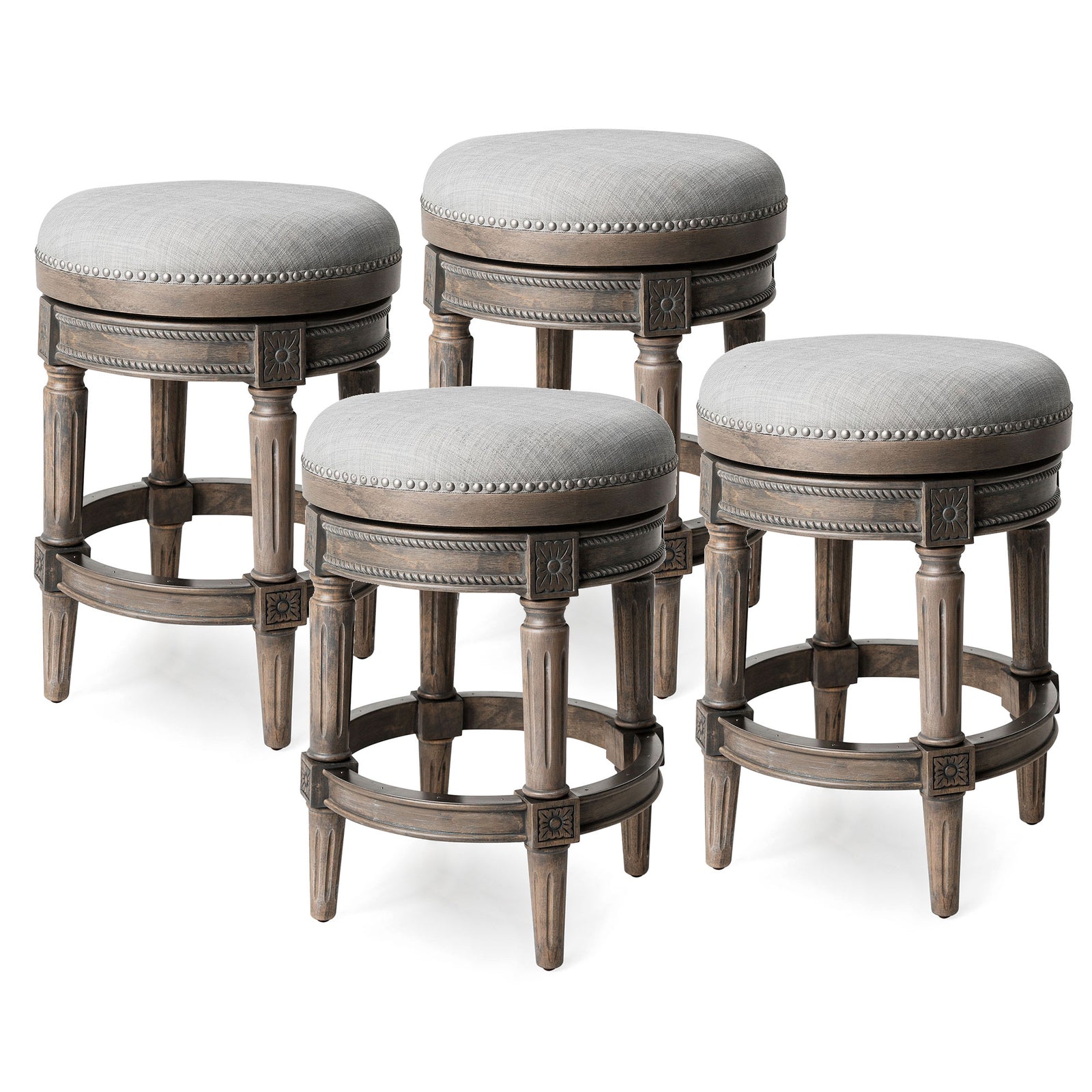 Maven Lane Pullman Backless Counter Stool in Reclaimed Oak Finish with Ash Grey Fabric Upholstery, Set of 4 - VMInnovations