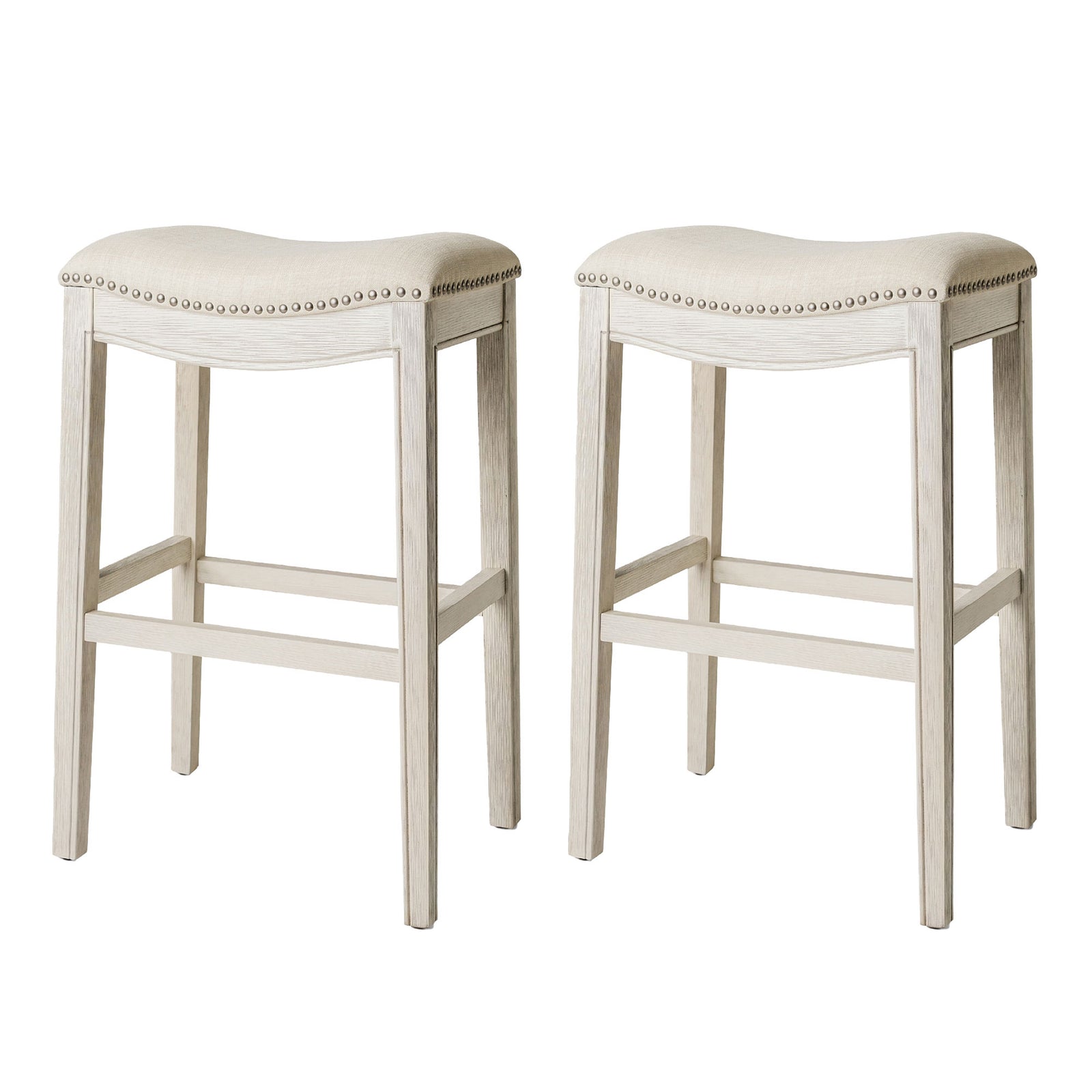 Maven Lane Adrien Saddle Bar Stool in White Oak Finish w/ Natural Fabric Upholstery, Set of 2 - VMInnovations