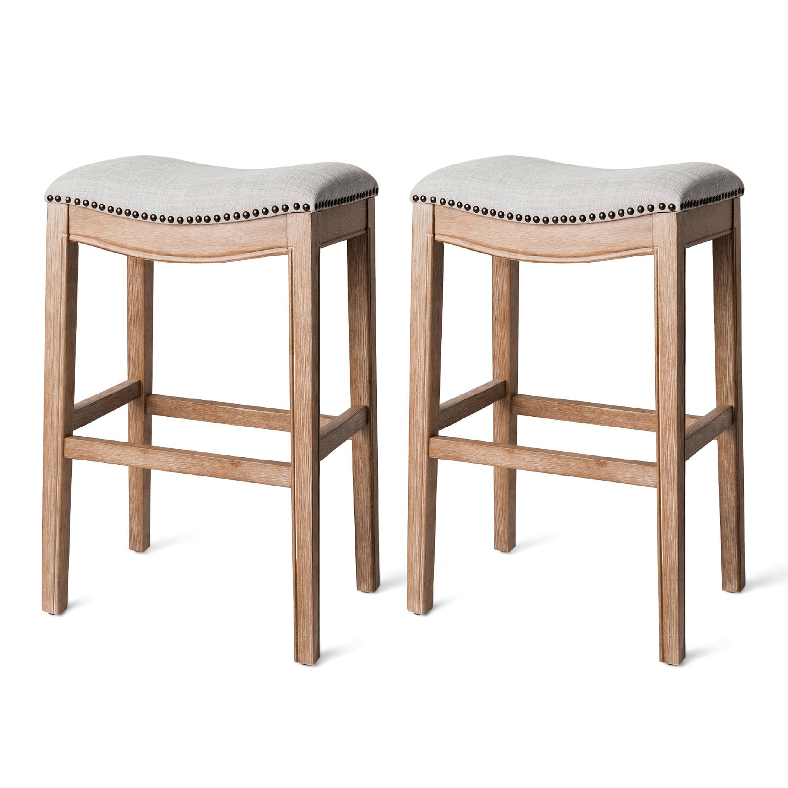 Maven Lane Adrien Saddle Bar Stool in Weathered Oak Finish w/ Sand Color Fabric Upholstery, Set of 2 - VMInnovations