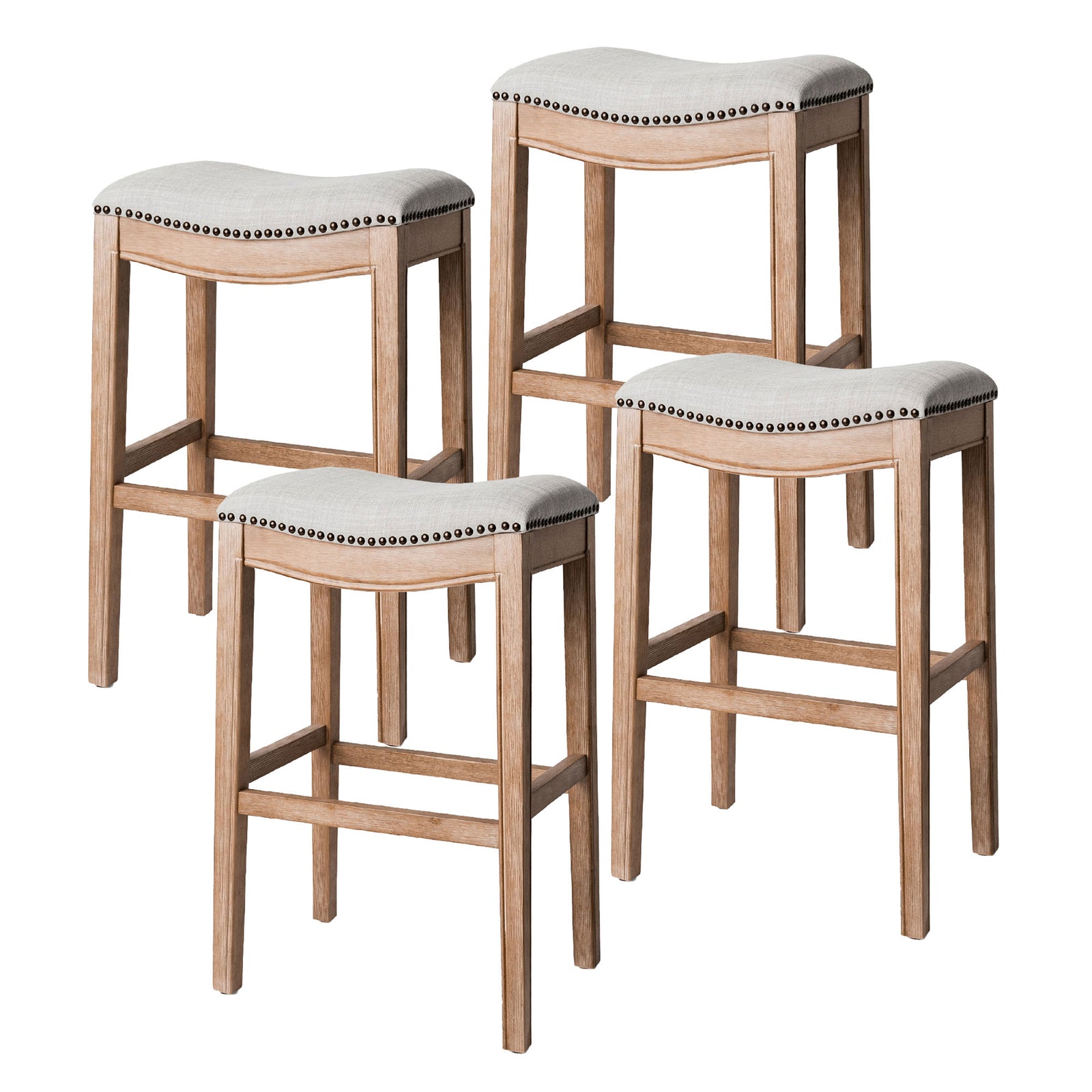 Maven Lane Adrien Saddle Bar Stool in Weathered Oak Finish w/ Sand Color Fabric Upholstery, Set of 4 - VMInnovations
