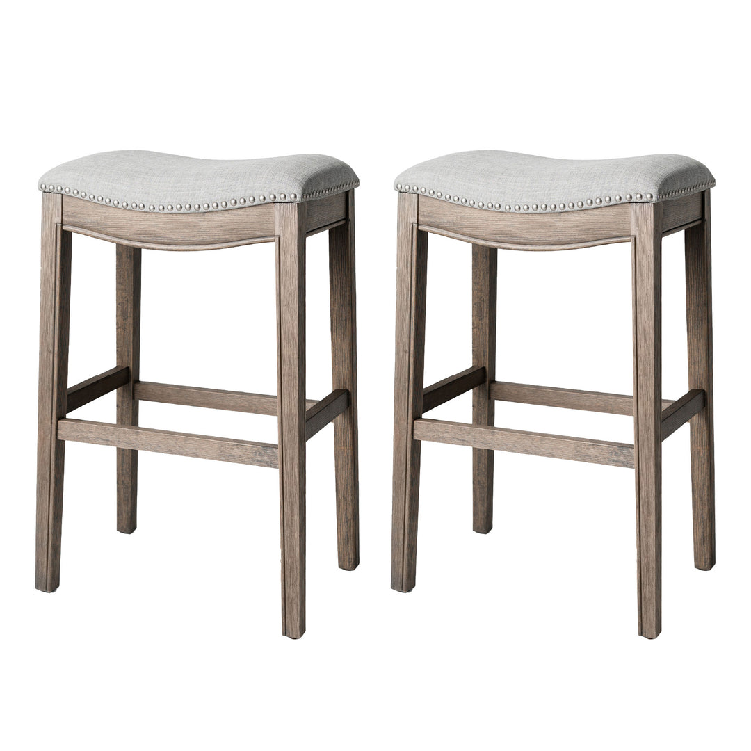 Maven Lane Adrien Saddle Bar Stool 31"H, Reclaimed Oak Finish(Open Box) (2 Pack) - VMInnovations