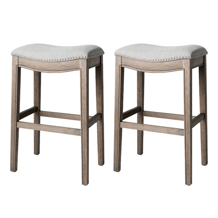 Maven Lane Adrien Saddle Bar Stool 31"H, Reclaimed Oak Finish(Open Box) (2 Pack) - VMInnovations