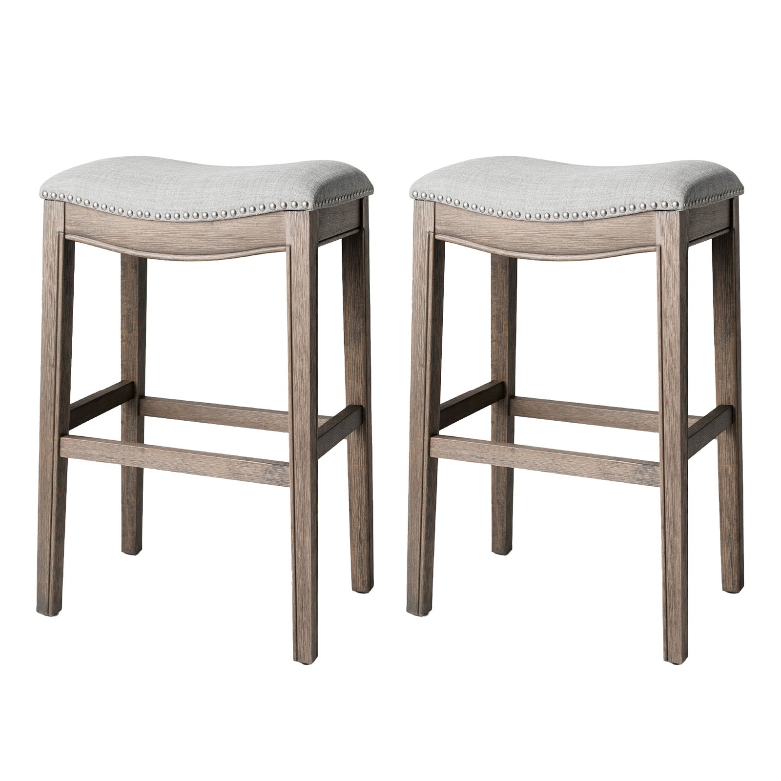 Maven Lane Adrien Saddle Bar Stool in Reclaimed Oak Finish with Ash Grey Fabric Upholstery, Set of 2 - VMInnovations