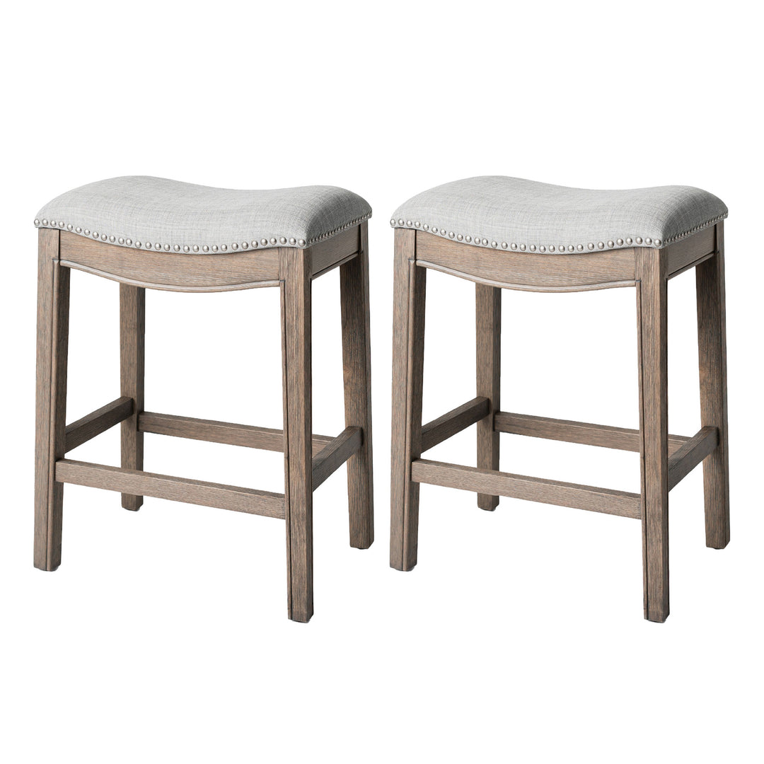 Maven Lane Adrien Saddle Bar Stool, Reclaimed Oak, Counter Height(Used) (2 Pack) - VMInnovations