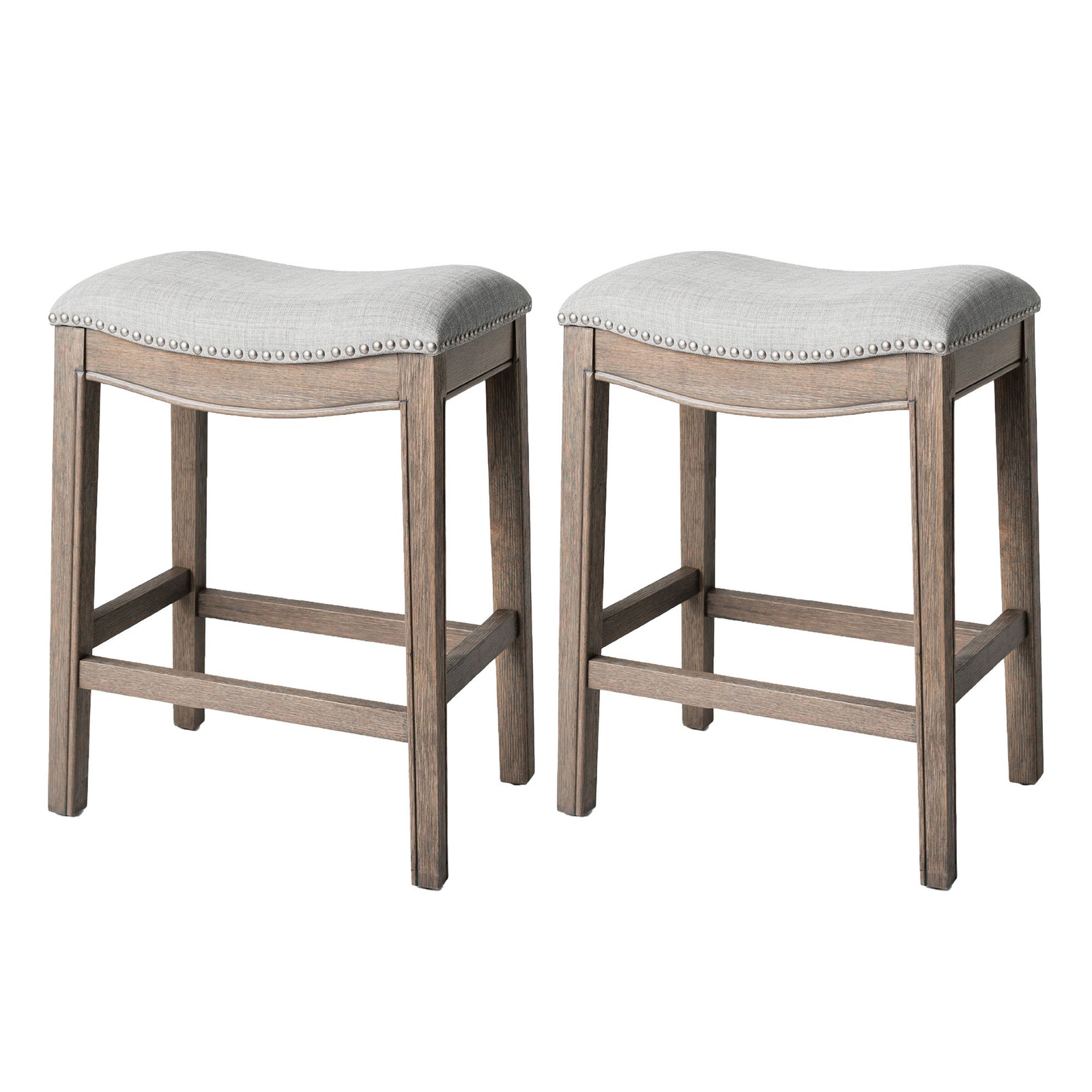 Maven Lane Adrien Saddle Counter Stool in Reclaimed Oak Finish with Ash Grey Fabric Upholstery, Set of 2 - VMInnovations