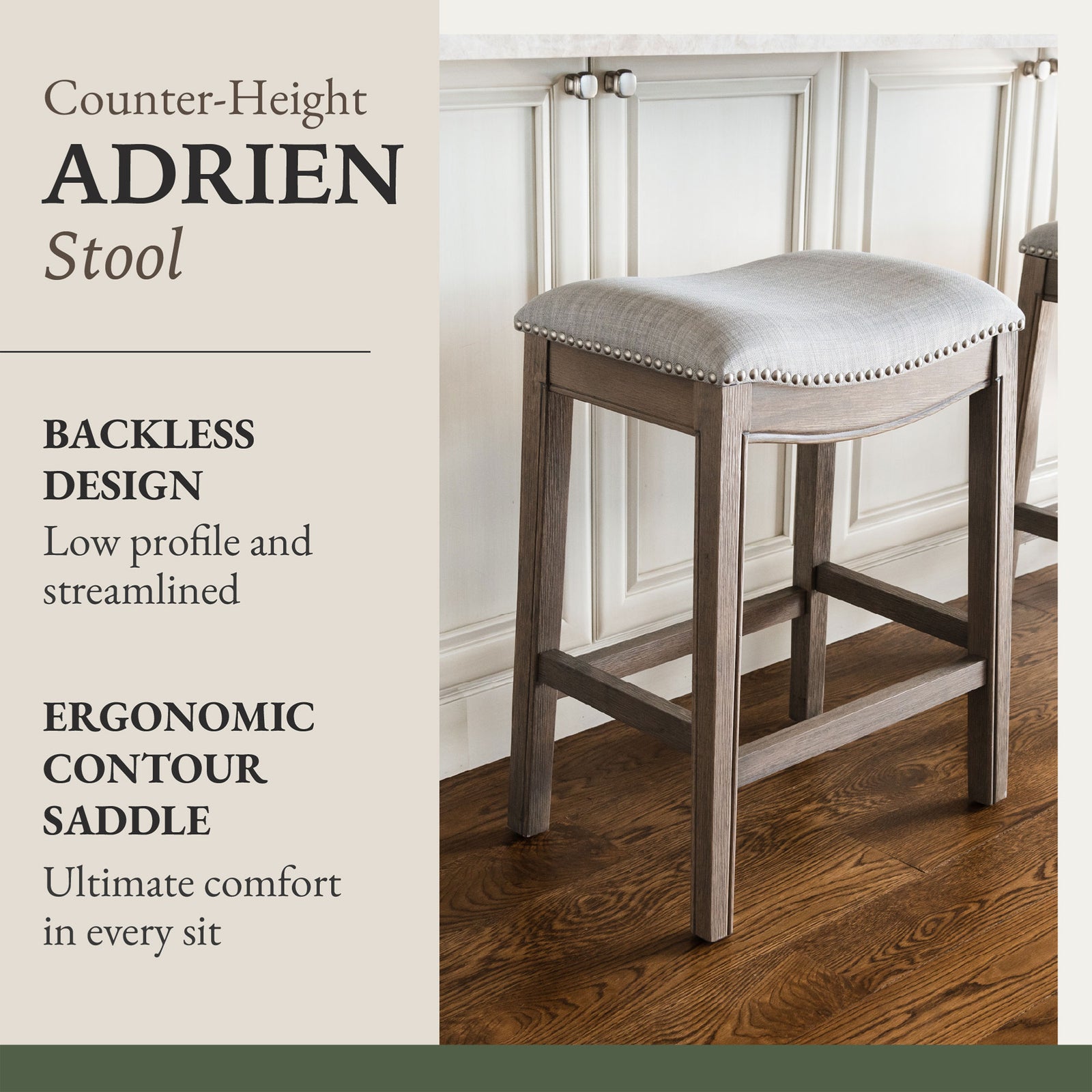 Maven Lane Adrien Saddle Counter Stool in Reclaimed Oak Finish with Ash Grey Fabric Upholstery, Set of 2 - VMInnovations