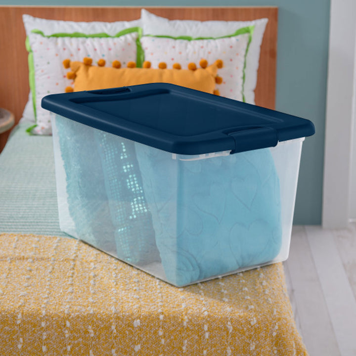 Sterilite 64 Quart Latching Plastic Storage Container Tote, Marine Blue, 18 Pack