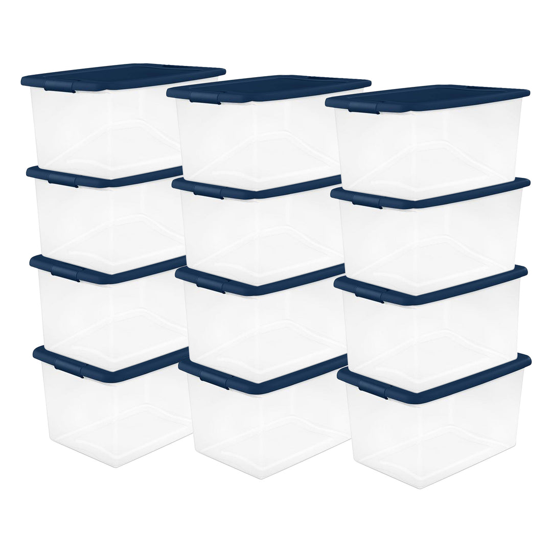 Sterilite 64 Quart Latching Plastic Storage Container Tote, Marine Blue, 12 Pack