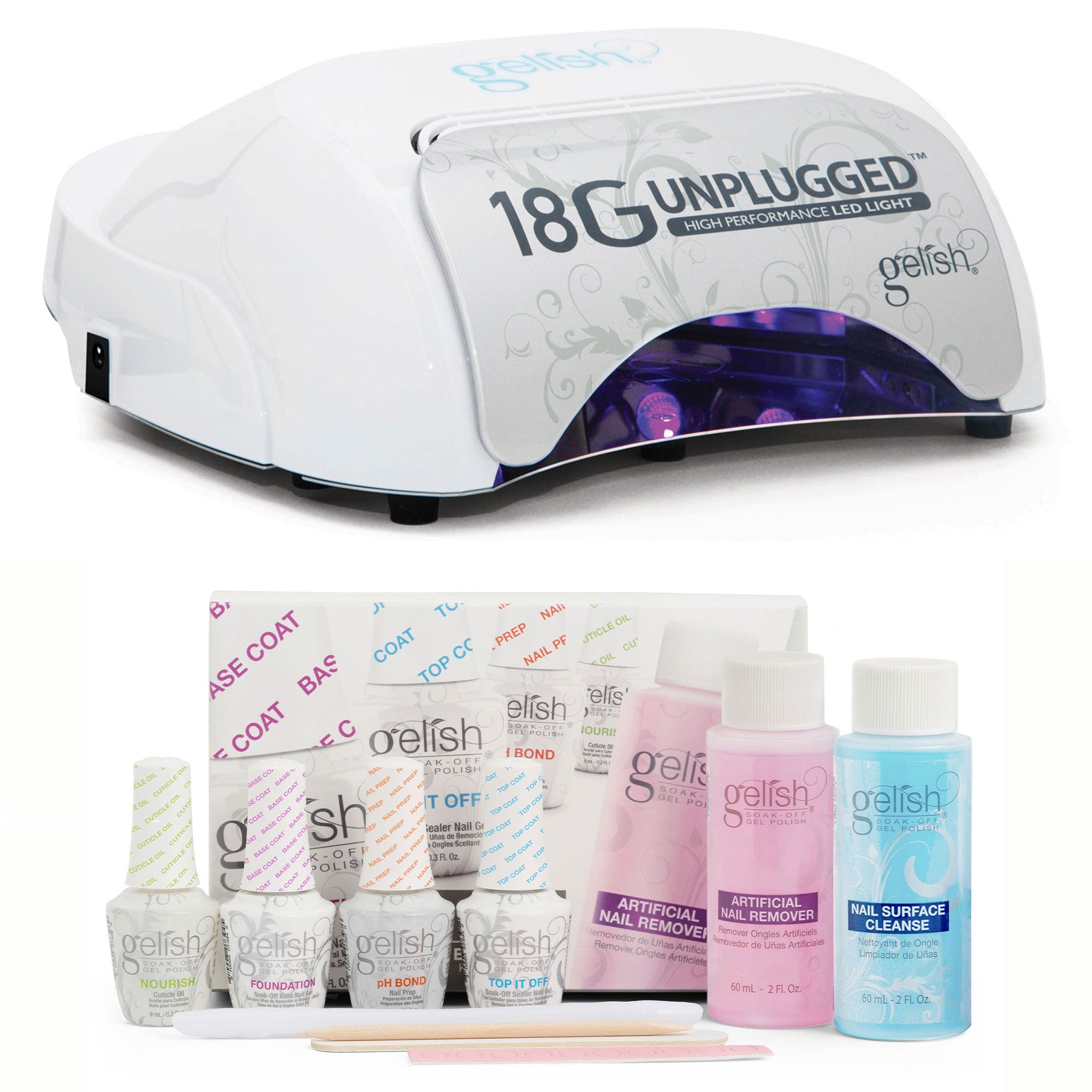 Gelish 18G Unplugged Portable LED Cure Lamp w/Soak Off Gel Nail Polish Basix Kit - VMInnovations