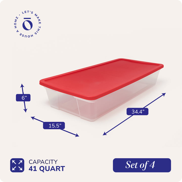 Homz 41Qt Clear Plastic Storage Container w/Red Snap Lock Lid (4pk) (Open Box)