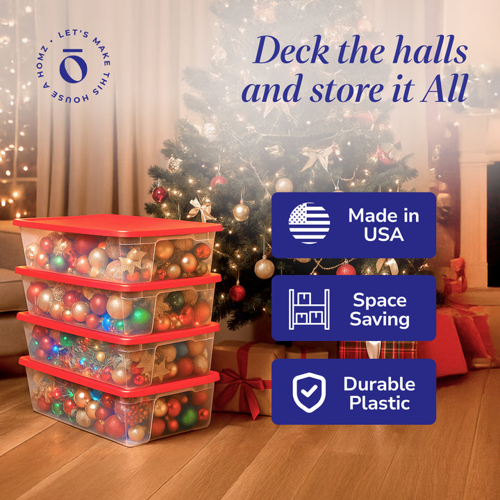 Homz 41Qt Clear Plastic Holiday Storage Container w/Red Snap Lock Lid (4 Pack)