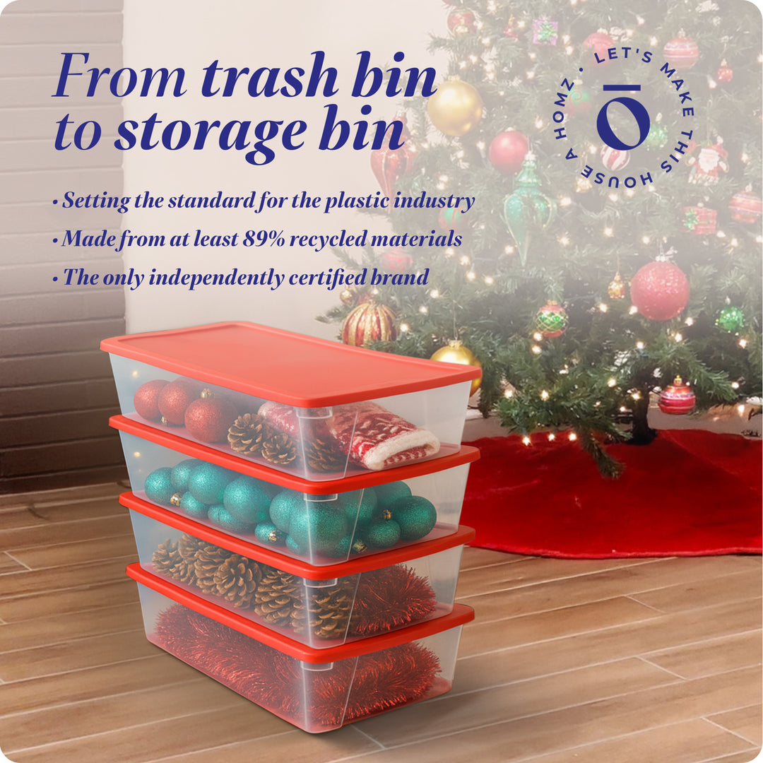 Homz 41Qt Clear Plastic Storage Container w/Red Snap Lock Lid (4pk) (Open Box)
