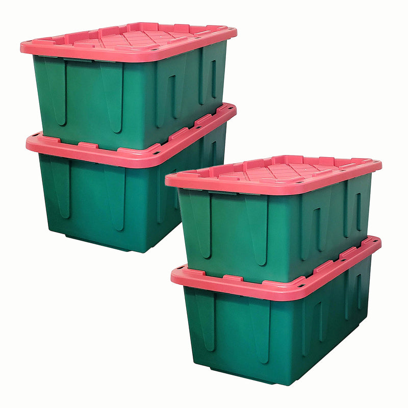 HOMZ Durable 27 Gallon Heavy Duty Holiday Storage Tote, Green/Red, (4 Pack)
