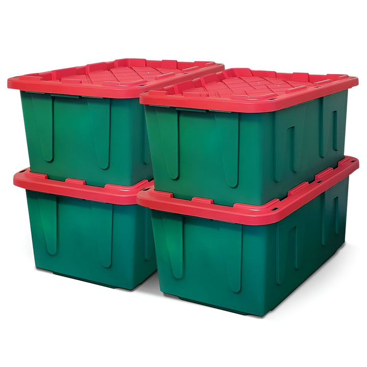 HOMZ Durable 27 Gallon Heavy Duty Holiday Storage Tote, Green/Red, (4 Pack)