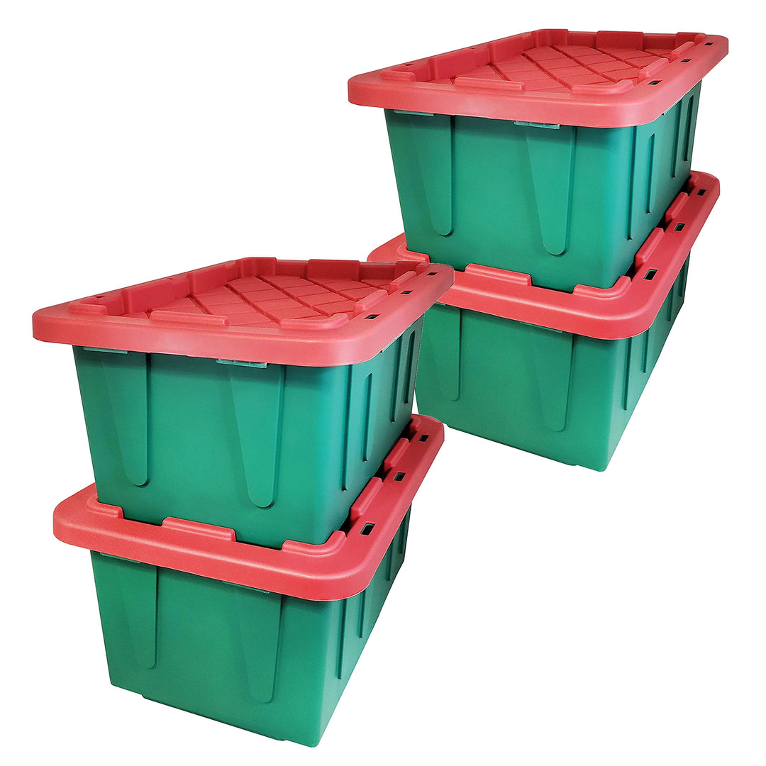 HOMZ Durabilt 15 Gallon Heavy Duty Holiday Storage Tote, Green/Red (4 Pack)