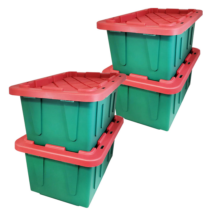 HOMZ Durabilt 15 Gallon Heavy Duty Holiday Storage Tote, Green/Red (4 Pack)