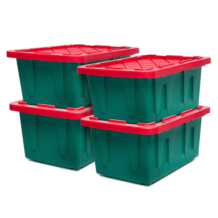 HOMZ Durabilt 15 Gallon Heavy Duty Holiday Storage Tote, Green/Red (4 Pack)