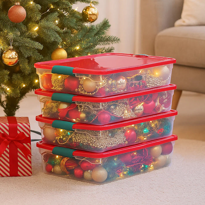 HOMZ 60 Quart Latching Holiday Underbed Storage Container Box, Clear (4 Pack)