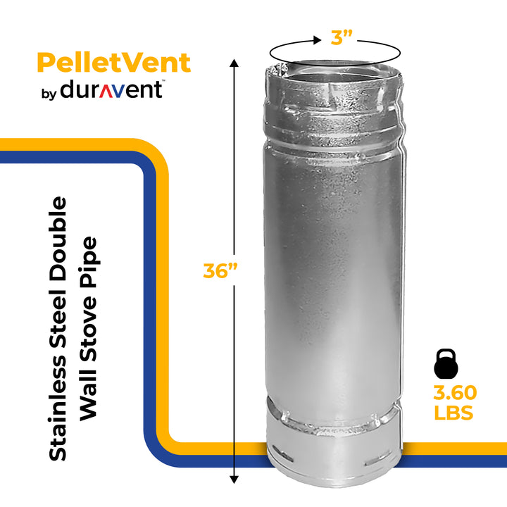 DuraVent PelletVent 36" L x 3" Diameter Double Wall Straight Steel Stove Pipe - VMInnovations