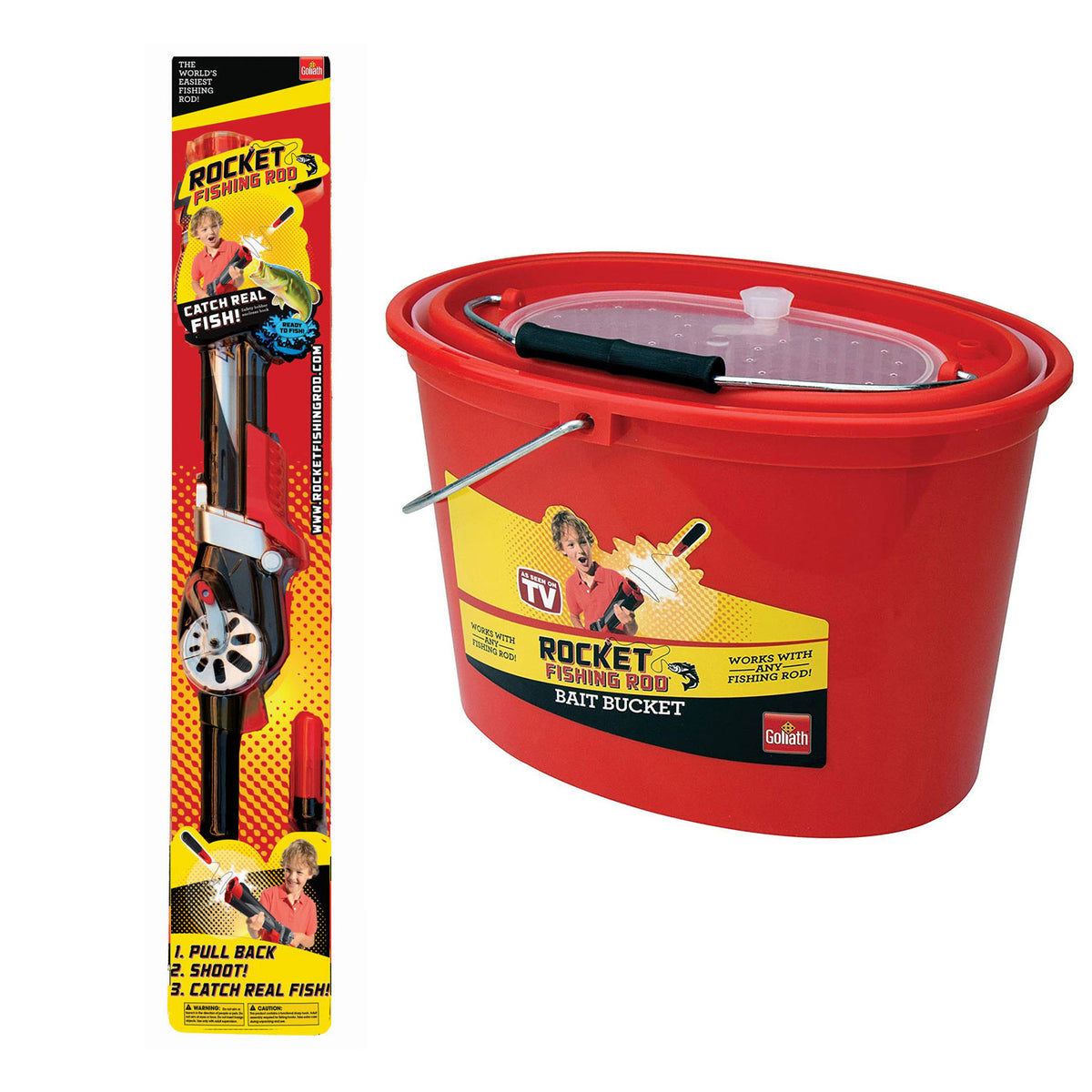 Goliath Kids Rocket Fishing Pole Rod and Reel Bundle with Ventilated Bait Bucket