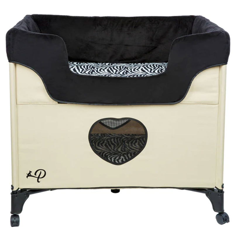 Petique Bedside Lounge 2 Level Wheeled Pet Bed & Cot with Mattress, Zebra Vibes