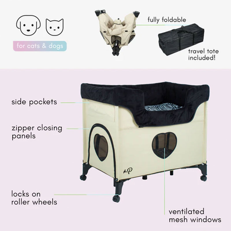 Petique Bedside Lounge 2 Level Wheeled Pet Bed & Cot with Mattress, Zebra Vibes