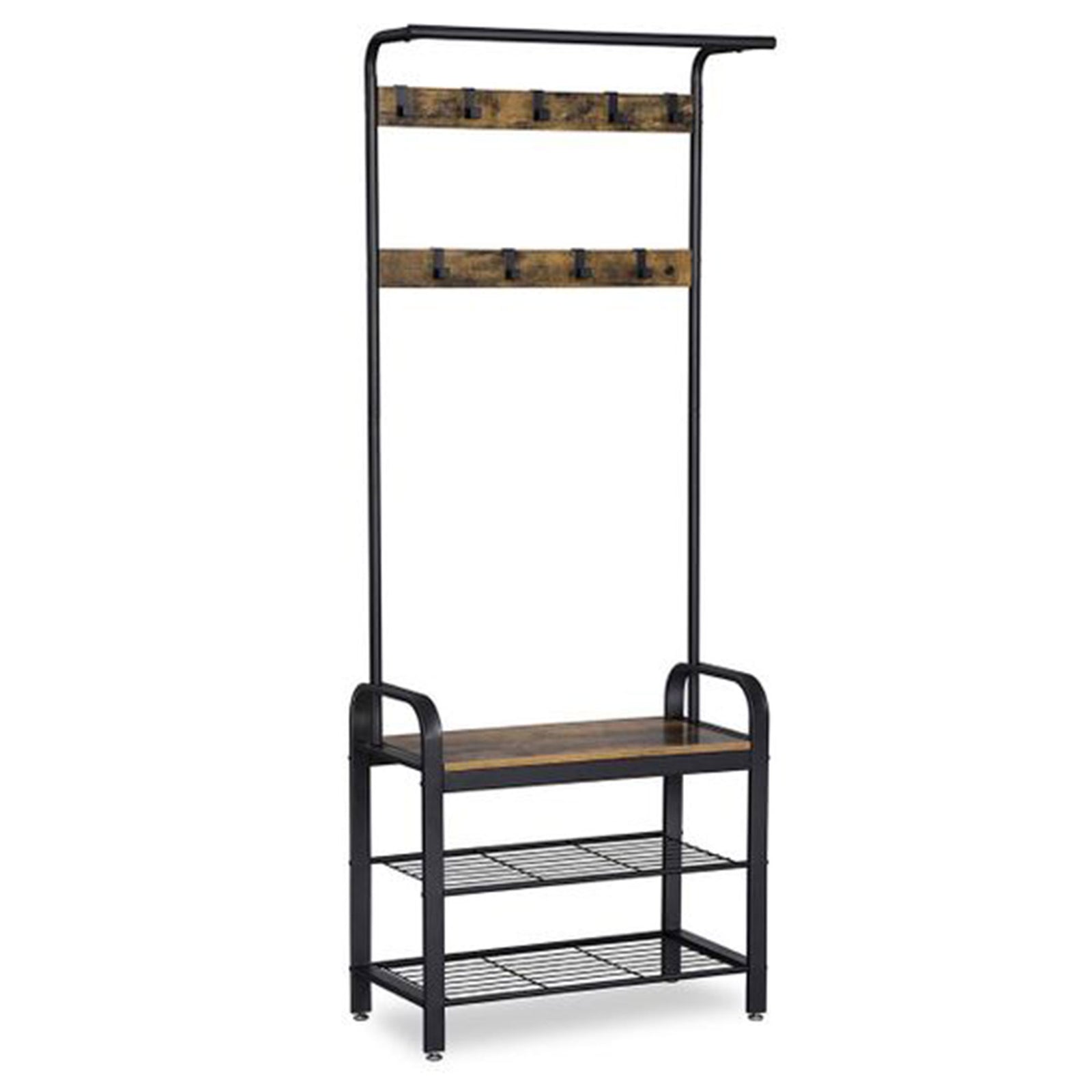 Industrial Entryway Storage Coat Rack w/ 9 Hooks & Shoe Bench, Black (Open Box) - VMInnovations