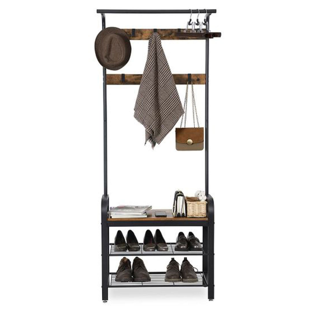 Industrial Entryway Storage Coat Rack w/ 9 Hooks & Shoe Bench, Black (Open Box)