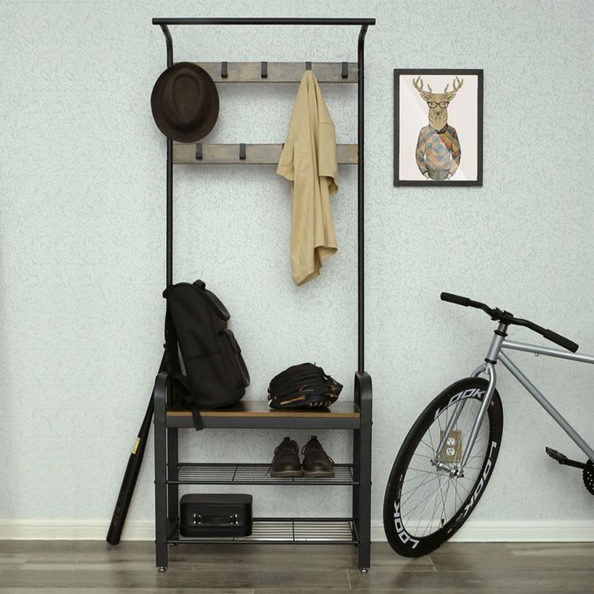 Industrial Entryway Storage Coat Rack w/ 9 Hooks & Shoe Bench, Black (Open Box) - VMInnovations
