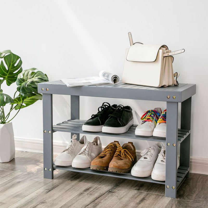 3 Tier Bamboo Shoe Storage Bench Rack for Entryway or Mud Room, Gray (Open Box)