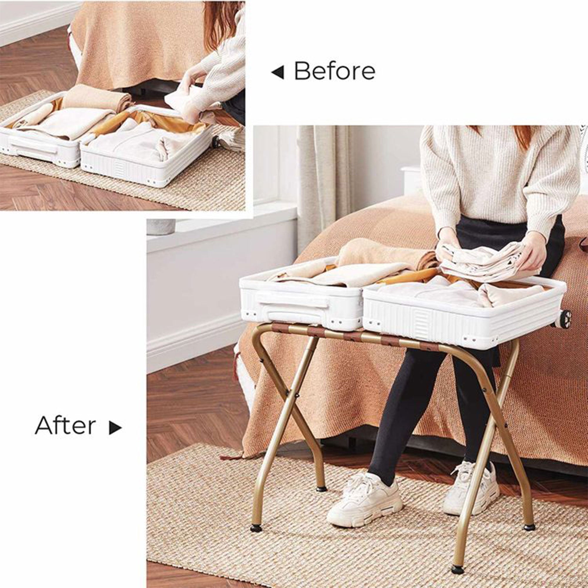 SONGMICS Heavy Duty Foldable Steel Frame Luggage Rack, Gold (2pk) (Open Box) - VMInnovations