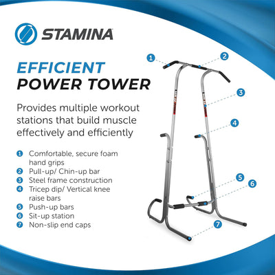 Stamina 1690 Power Tower Dip Pull Up Bar Exercise Station w/ Smart Workout App