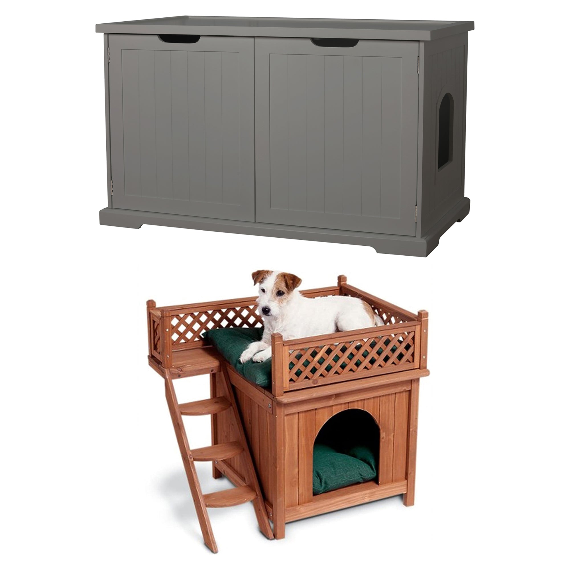 Merry PTH1031722510 Pet Cat Washroom Bench with Removable Partition Wall, Gray + Merry Products Room w/ a View Indoor Outdoor 2 Level Wooden House for Small Pets