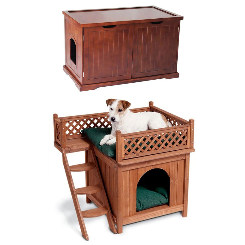 Merry Products Pet Cat Washroom Bench with Removable Partition Wall, Walnut + Merry Products Room w/ a View Indoor Outdoor 2 Level Wooden House for Small Pets