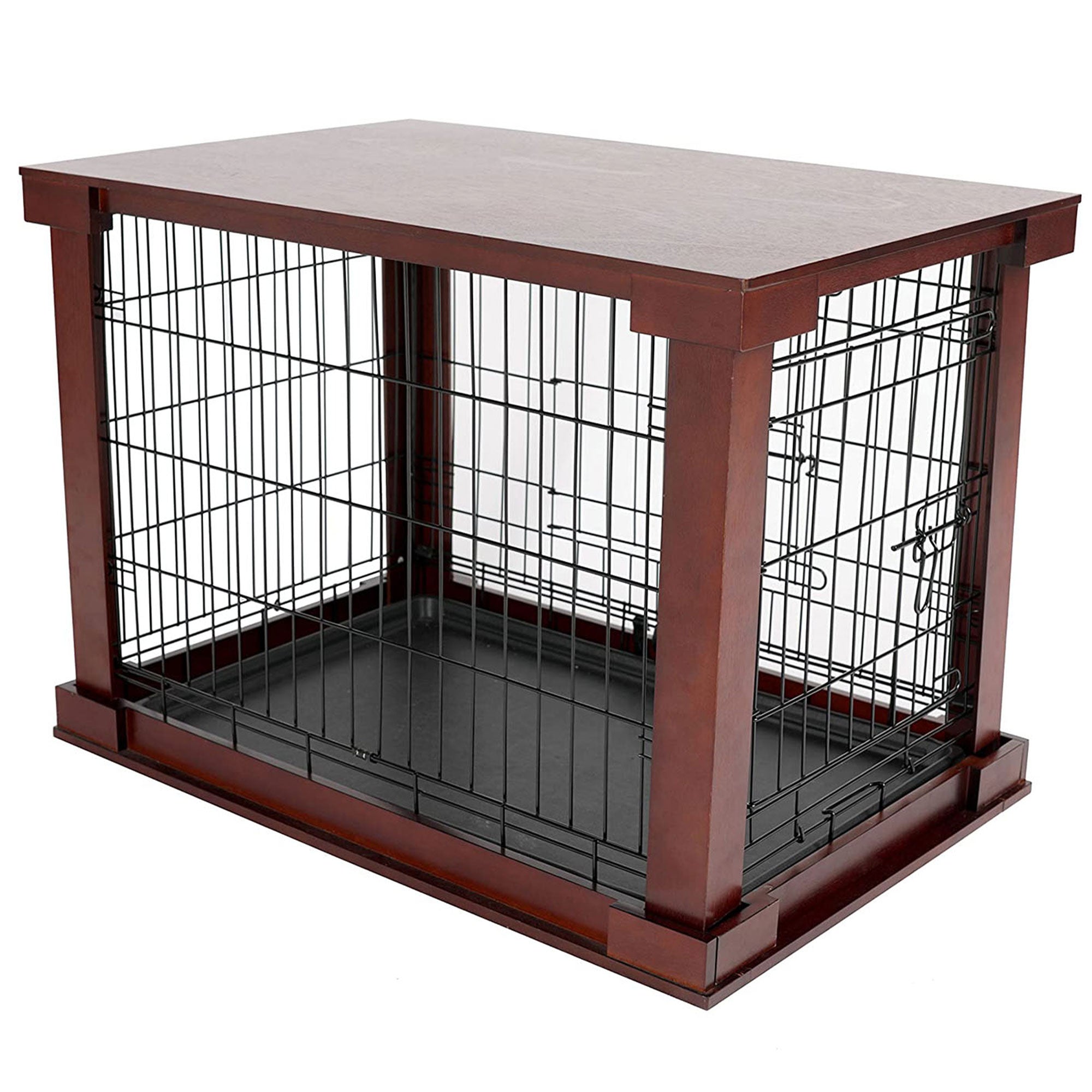 Merry Products Pet Cat Washroom Bench Box with Removable Partition Wall, White + Merry Products Decorative Pet Cage w/ Protection Box End Table, Large, Brown