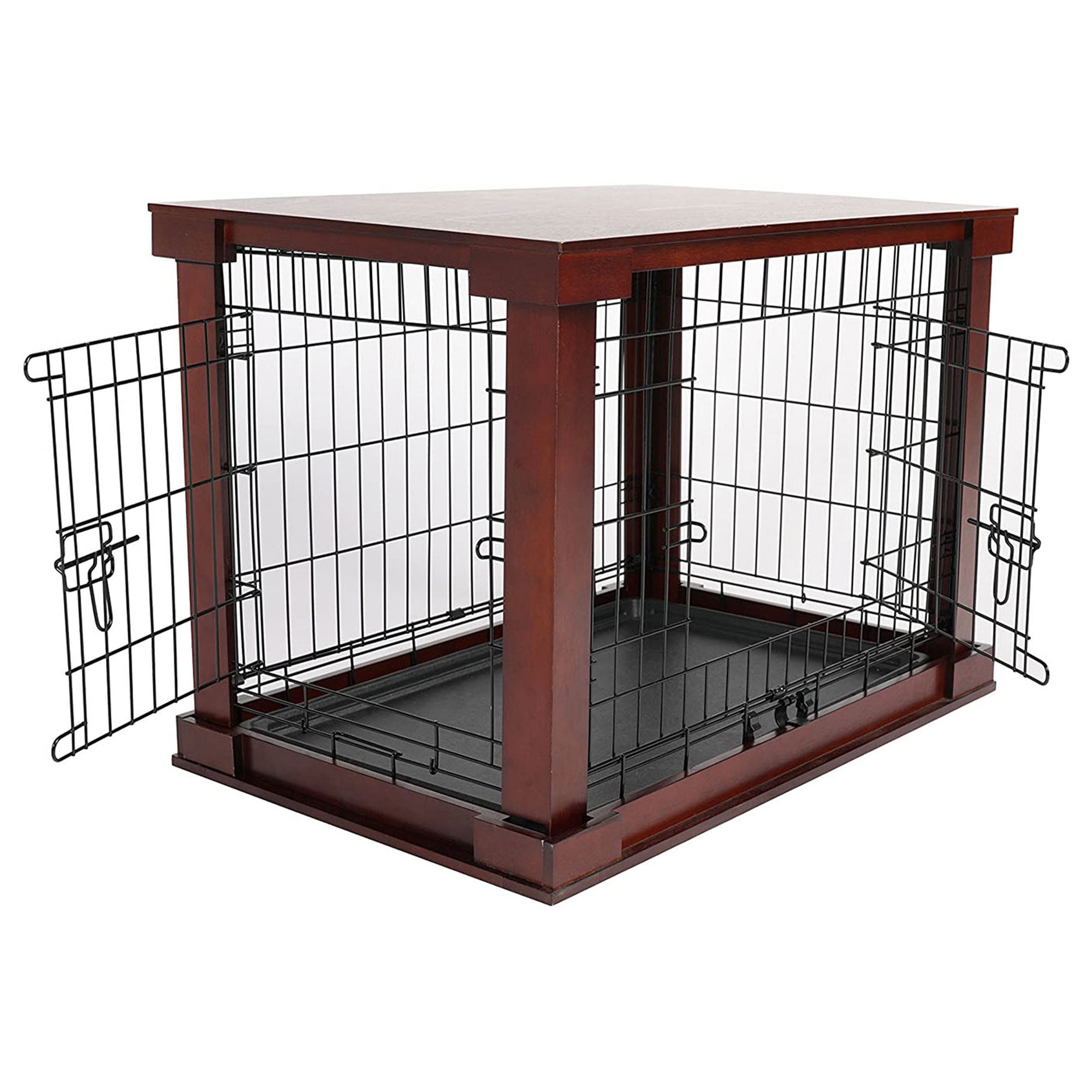 Merry Products Pet Cat Washroom Bench Box with Removable Partition Wall, White + Merry Products Decorative Pet Cage w/ Protection Box End Table, Large, Brown