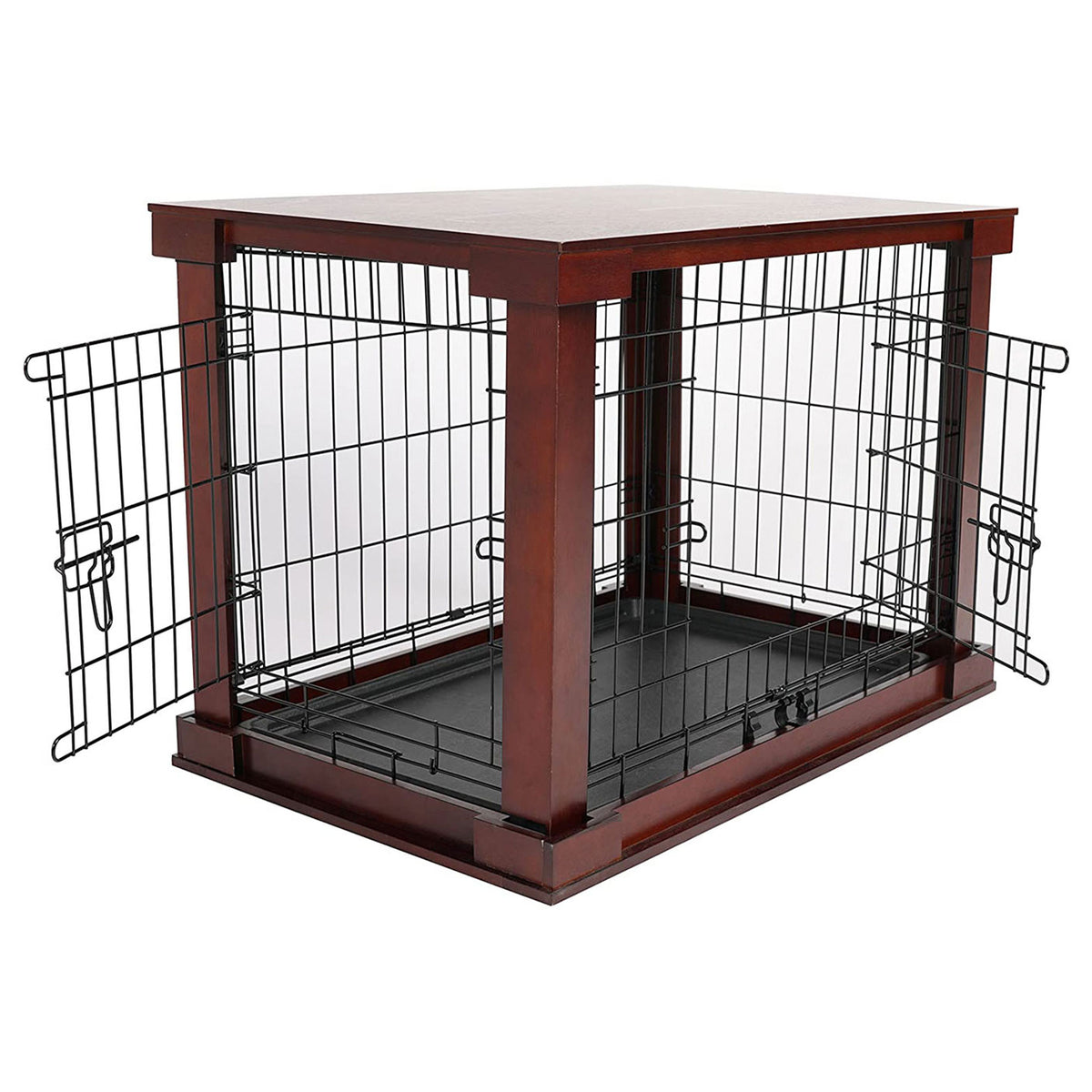 Merry Products Pet Cat Washroom Bench Box with Removable Partition Wall, White + Merry Products Decorative Pet Cage w/ Protection Box End Table, Large, Brown